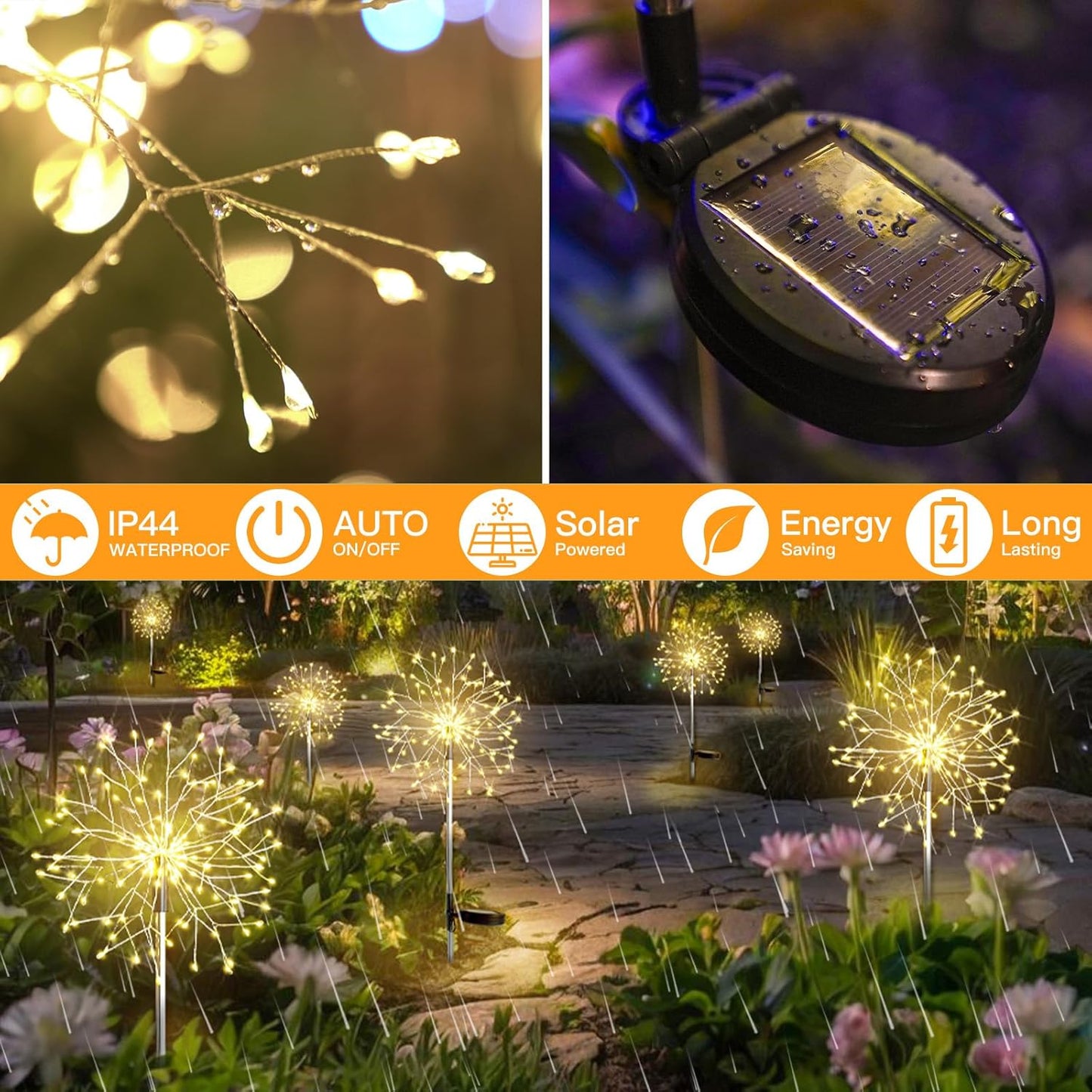 Suddus Solar Garden Lights - Waterproof 150LED Firework Fairy Lights for Outdoor Decor | 2-Pack Warm White