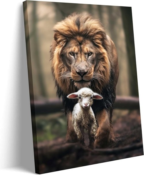 Framed Lion and Lamb Canvas Wall Art - Christian Jesus Lion King Poster for Living Room & Bedroom Decor