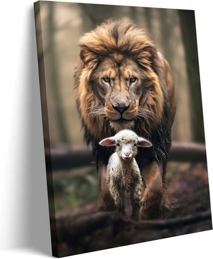 Framed Lion and Lamb Canvas Wall Art - Christian Jesus Lion King Poster for Living Room & Bedroom Decor