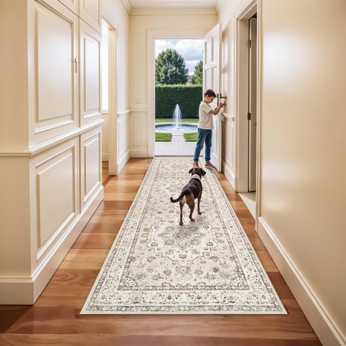 Entryway Washable 3x10 Runner Rug: Oriental Low Pile Rugs for Kitchen Hallway Distressed Stain Resistant Carpet for Bedroom Medallion Non Shedding Floor Mat For Bathroom Dining Room (3x10,Cream/Beige)