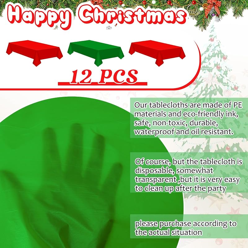 Patelai 12 Pcs Christmas Tablecloths, 54 x 108 Inch, Red & Dark Green - Waterproof Disposable Rectangle Table Covers (Variation: Red, Dark Green+12+54 x 108 Inch)