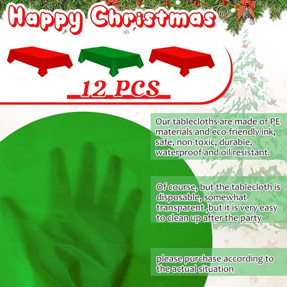 Patelai 12 Pcs Christmas Tablecloths, 54 x 108 Inch, Red & Dark Green - Waterproof Disposable Rectangle Table Covers (Variation: Red, Dark Green+12+54 x 108 Inch)