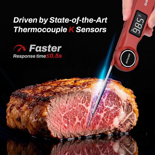 GrillBliss Instant Read Meat Thermometer - USB-C Rechargeable with 0.5s Fast Read & ±0.5℉ Accuracy | VA LCD Display