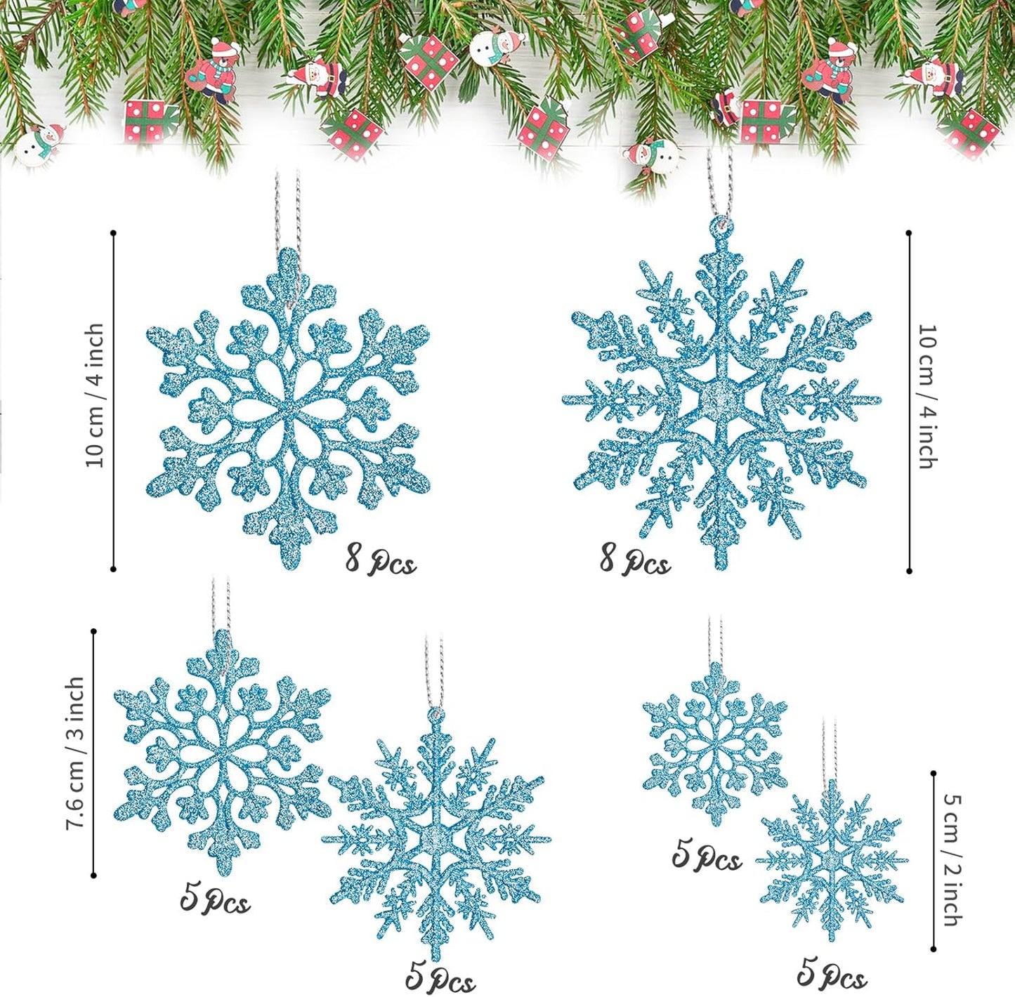 Skiennix 36-Pack Blue Snowflake Ornaments - Glittery Plastic Hanging Decorations for Winter Wonderland Trees