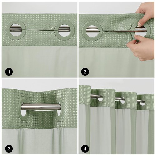 Colorful Star No Hook Shower Curtain with Snap in Fabric Liner, Waffle Weave Heavy Duty Thick Shower Curtains with Mesh Top Window, Hotel Style Waterproof Bathroom Curtain Set, 72'' x 75'', Sage Green