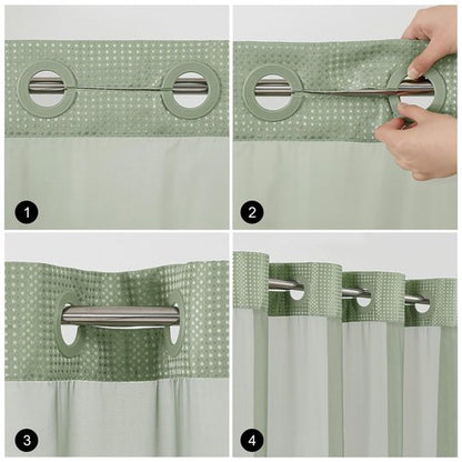 Colorful Star No Hook Shower Curtain with Snap in Fabric Liner, Waffle Weave Heavy Duty Thick Shower Curtains with Mesh Top Window, Hotel Style Waterproof Bathroom Curtain Set, 72'' x 75'', Sage Green