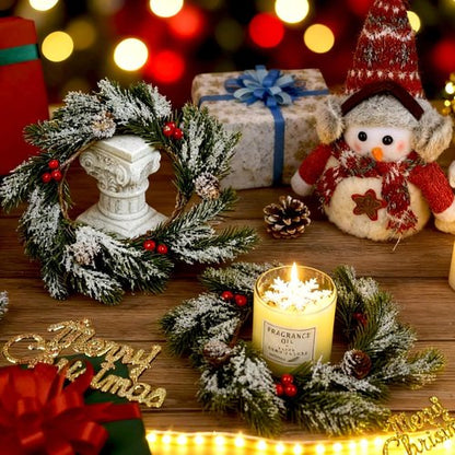 Jansun Christmas Candle Rings - 4 Pcs Red Berries & Pine Needles Mini Wreaths for Table Centerpieces