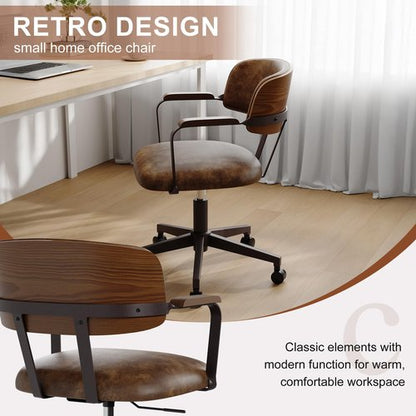BFZ Mid Century Modern Home Office Chair, Faux Leather Rolling Swivel Desk Chair with Walnut Back, Adjustable Height Computer Task Armrests Chair for Home Office, Brown