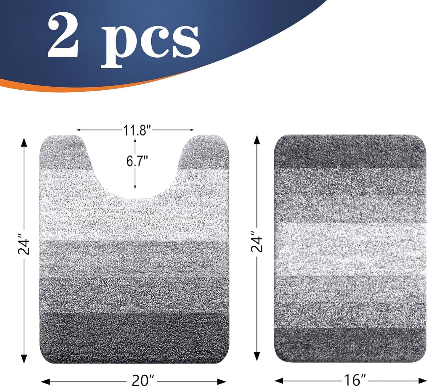 OLANLY Bathroom Rug Set - Soft Absorbent Microfiber Mats & U-Shaped Contour Rug | Non-Slip, Machine Washable, Grey (24"x16" + 24"x20")