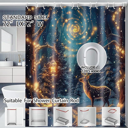 Christmas Shower Curtain Set 72x72 in with Hooks — Green Winter Reindeer Snowy Forest