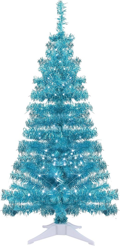 Juegoal 4 FT Pre-Lit Artificial Christmas Tree - Green Tinsel Pine with 70 LED Lights & Timer