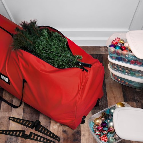 Holiday Cheer Christmas Tree Storage Bag - Heavy Duty Waterproof Bag with Wheels for 7.5ft Artificial Trees | Durable Handles & Zipper (Red)