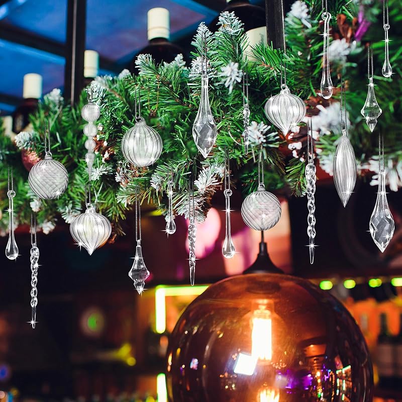 24 Pack Clear Christmas Ornaments - Glass Balls & Acrylic Drops Set