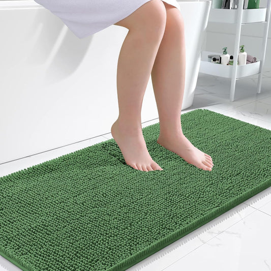 OLANLY Bathroom Runner Rugs - Soft Absorbent Chenille with Rubber Backing | 47x24 Inches, Olive Green