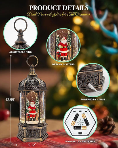 12: Large Musical Christmas Snow Globe Lantern - 13" With 8 Songs, Dual Power Santa & Reindeer