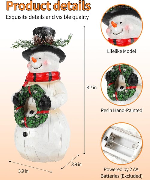 iStatue Light-Up Snowman Figurine - Charming 9.25'' Resin Snowman with Wreath & LED Lights for Winter Decor