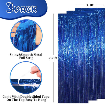 Voircoloria Blue Foil Fringe Backdrop Curtains - 3 Pack Tinsel Streamers for Parties & Events | 3.3x8.2 Feet