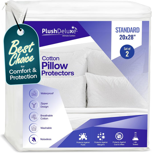 Premium Waterproof Pillow Protectors - Hypoallergenic Soft Terry Cotton - Standard Size 20''x28'' | Set of 2