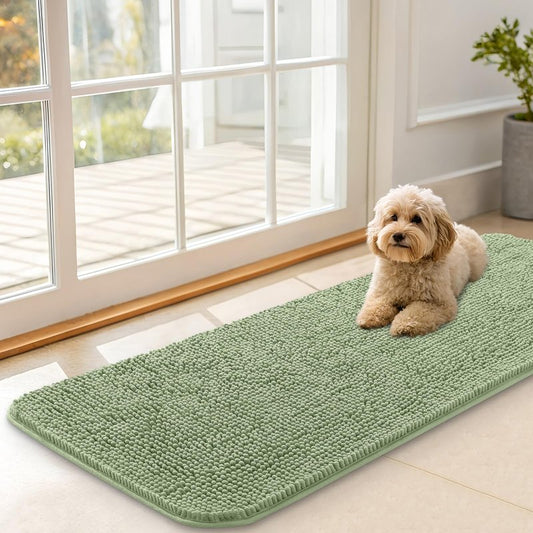 OLANLY Dog Door Mat for Muddy Paws 47x17, Absorbs Moisture and Dirt, Absorbent Non-Slip Washable Doormat, Quick Dry Chenille Mud Mat for Dogs, Entry Indoor Entryway Carpet for Inside Floor, Sage Green
