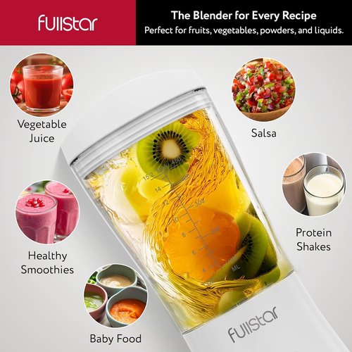 Fullstar Portable Blender - 15 oz Mini Smoothie Maker with Sipper Lid | Compact Travel Blender for Home & Office (White)