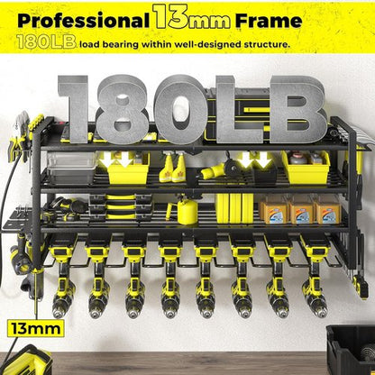 KAFAHOM Power Tool Organizer - Wall-Mounted Charging Station with 8 Drill Holder & Power Strip