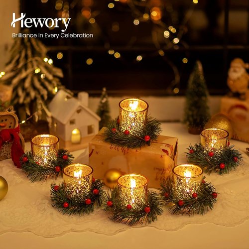 Hewory Tealight Candle Holders - Set of 6 Decorative Gold Holders with Xmas Wreath | Perfect for Holiday Centerpieces