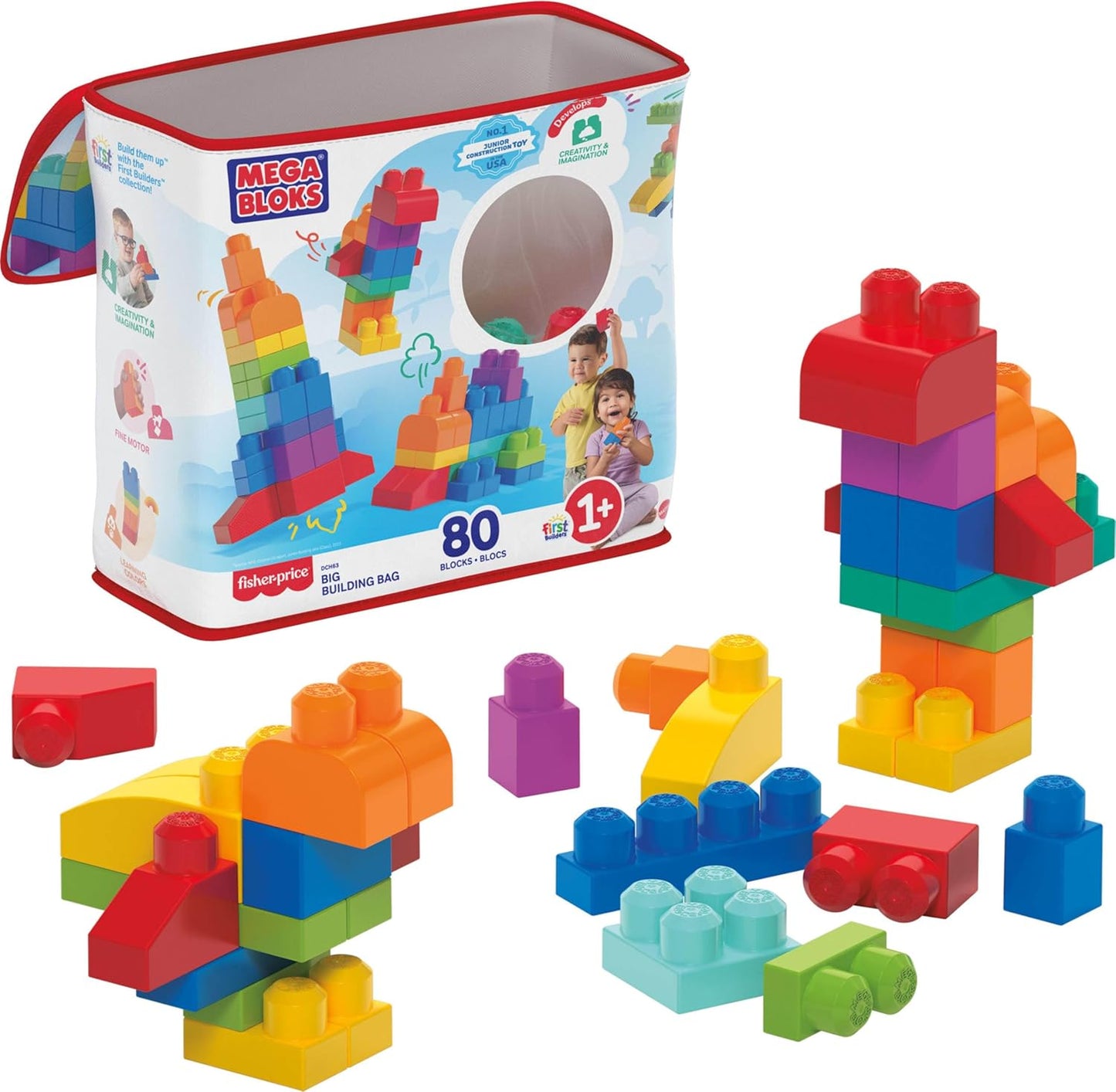 MEGA BLOKS First Builders Toddler Blocks Set - 80-Piece Big Building Bag with Storage, Blue | Ages 1+