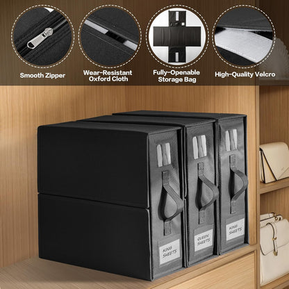 Skiennix Sheet Organizers - Versatile Storage Bins with Lids for Blankets, Clothing & Toys | Black, 3-Pack