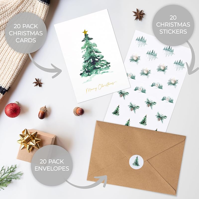 Watercolor Christmas Cards Set with Envelopes – 20 Blank Greeting Cards 4x6"