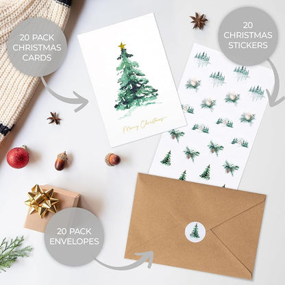 Watercolor Christmas Cards Set with Envelopes – 20 Blank Greeting Cards 4x6"