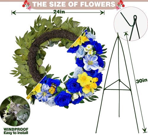 Grave Decoration Cemetery Wreath - 30 Inch Headstone Floral Arrangement with Blue Roses, Tulips & Daffodils