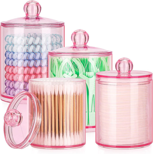 Tbestmax Qtip Holder Set - 4 Pack Pink Plastic Apothecary Jars for Bathroom Organization | 12 oz & 10 oz