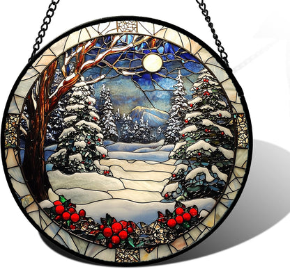 DASTOLL Stained Glass Window Hanging - Winter Snow Night Scenery Suncatcher | 7.8" Home Decor Gift for All