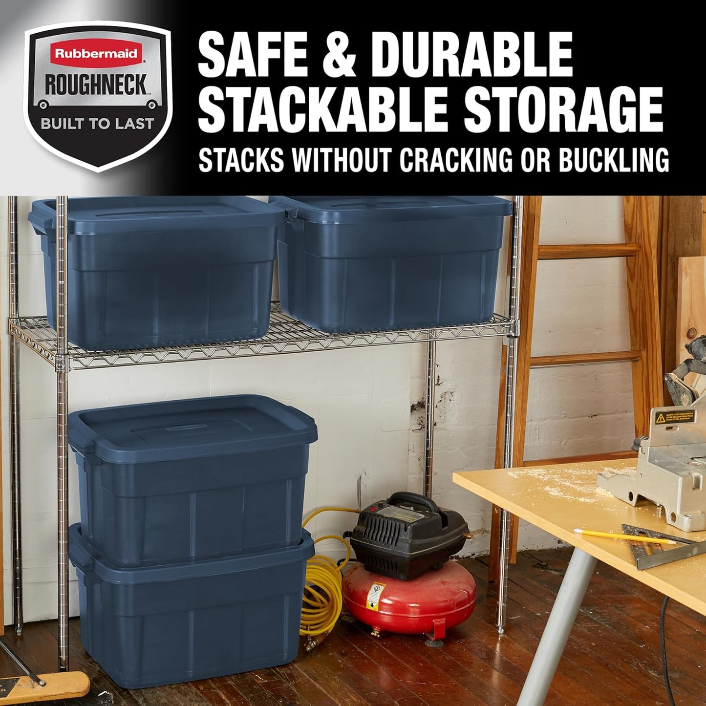 Rubbermaid Roughneck 14 Gal Tote - Rugged Stackable Storage Bins with Lids & Handles | Dark Indigo Metallic | 6 Pack