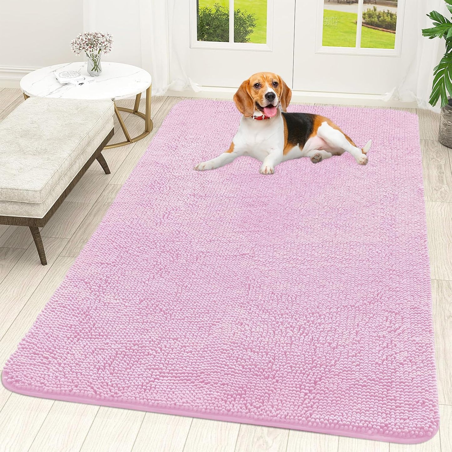 OLANLY Dog Door Mat - Absorbent Non-Slip Washable Doormat for Muddy Paws | 59x35 Inches, Pink