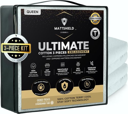 MATTSHIELD Ultimate Bed Bug-Proof Mattress Cover Kit | Queen Size 100% Cotton + 2 Zippered Pillow Protectors