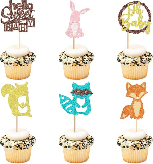 Ercadio Woodland Animals Cupcake Toppers - 24 Pcs Party Decorations for Baby Showers & Birthdays