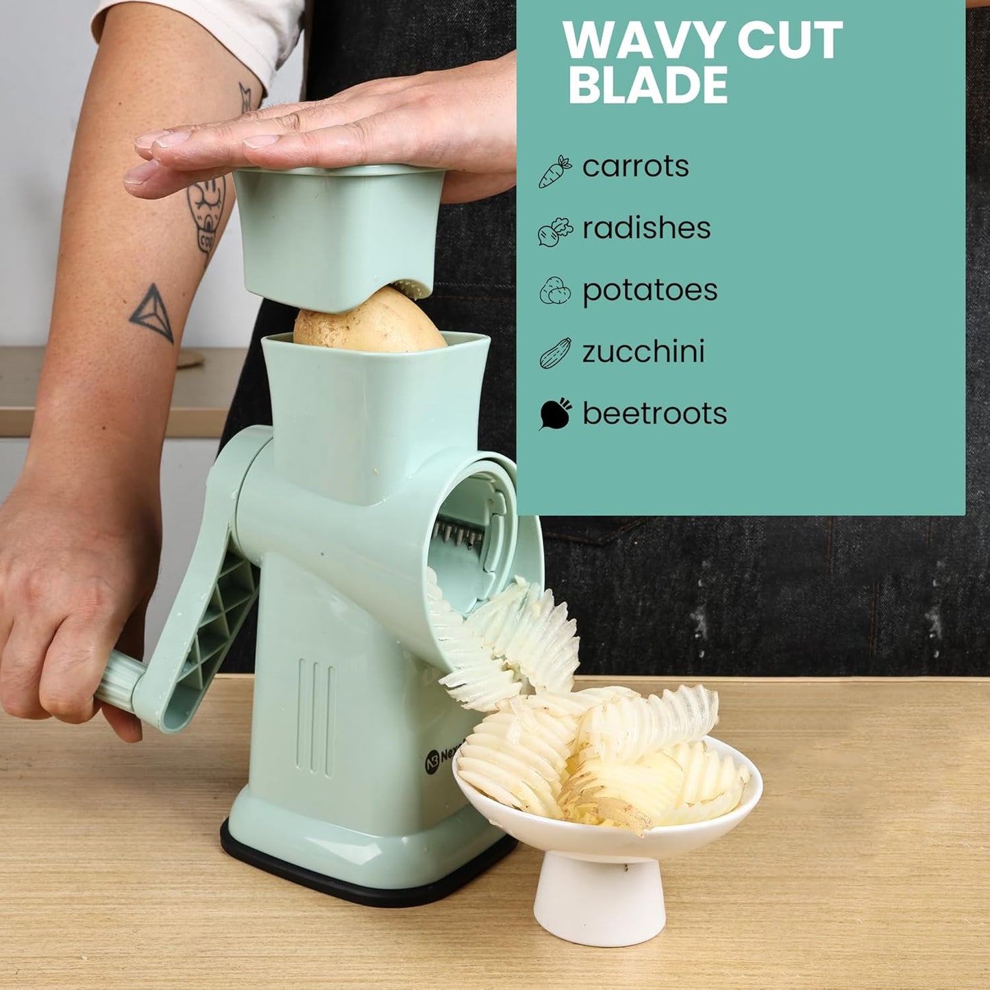 Skiennix 6-in-1 Rotary Cheese Grater - Hand Crank with 6 Stainless Steel Blades | Easy Clean & Suction Base