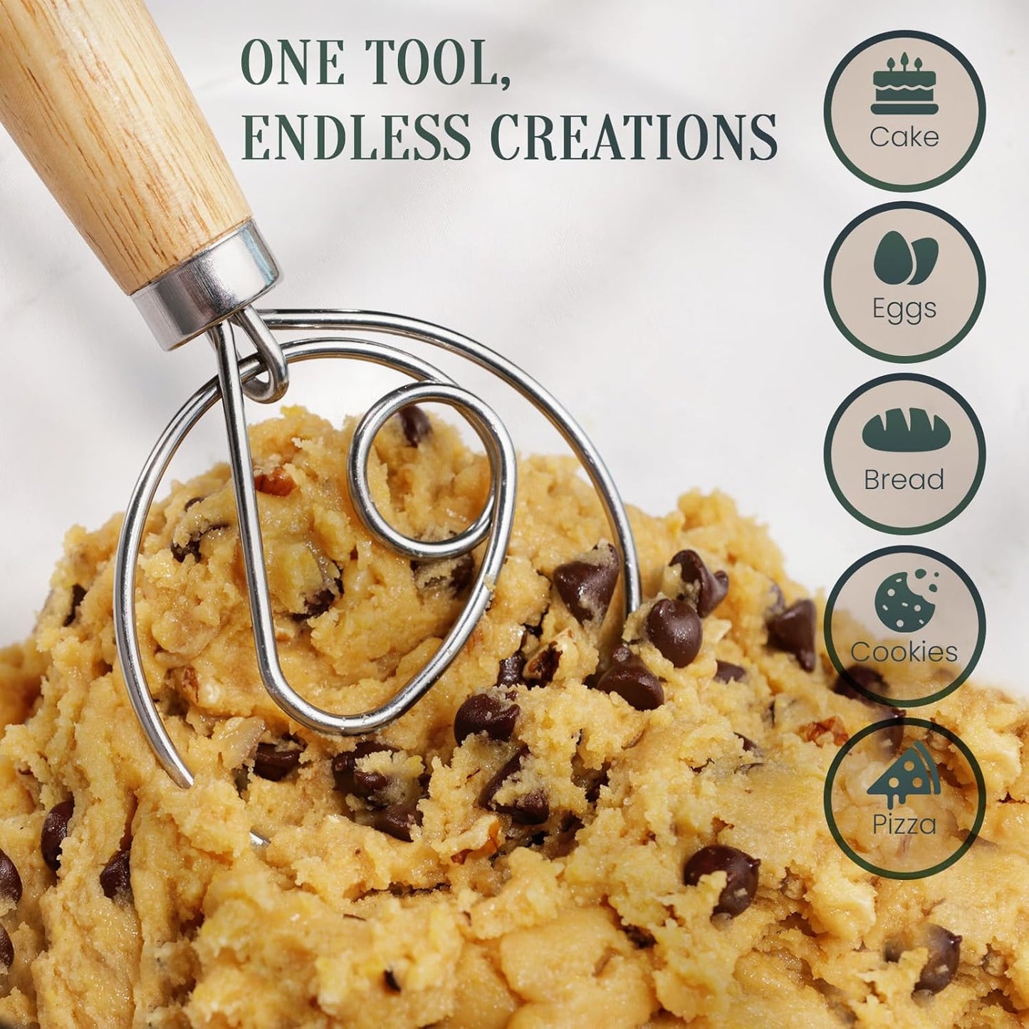 Skiennix Danish Dough Whisk - 13-Inch Stainless Steel Mixer with Wooden Handle for Sourdough & Pizza Dough