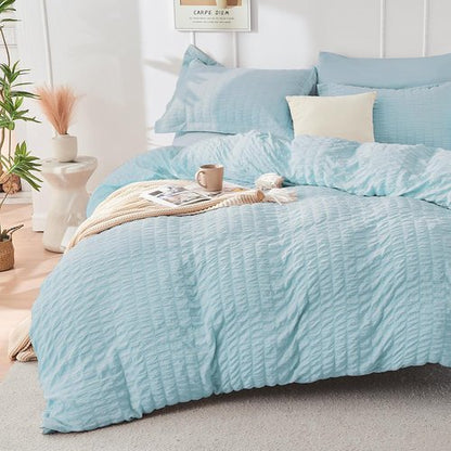 HYMOKEGE California King Comforter Set - Luxury 7-Piece Bedding Set in Lake Blue | All-Season Seersucker Design