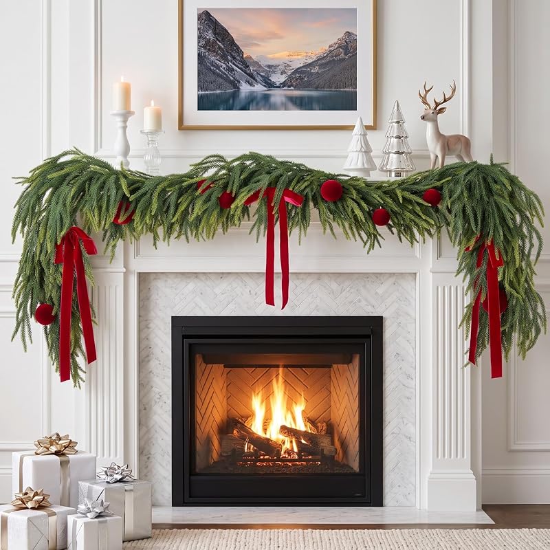 9ft Christmas Cedar Garland with Ornaments for Mantel & Fireplace — Realistic Artificial Norfolk Pine Cedar Garlands