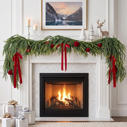 9ft Christmas Cedar Garland with Ornaments for Mantel & Fireplace — Realistic Artificial Norfolk Pine Cedar Garlands