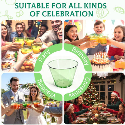 Skiennix 9 Oz Clear Plastic Cups - Green Disposable Cocktail Cups | 50 Pack for Parties & Events