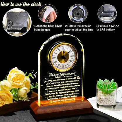 Glass Retirement Clock With Wooden Light Base - Happy Retirement Plaque for Women Men Colleagues Boss Friend - Farewell Gift Idea for Her Going Away - Retired Keepsakes for Teacher Doctor