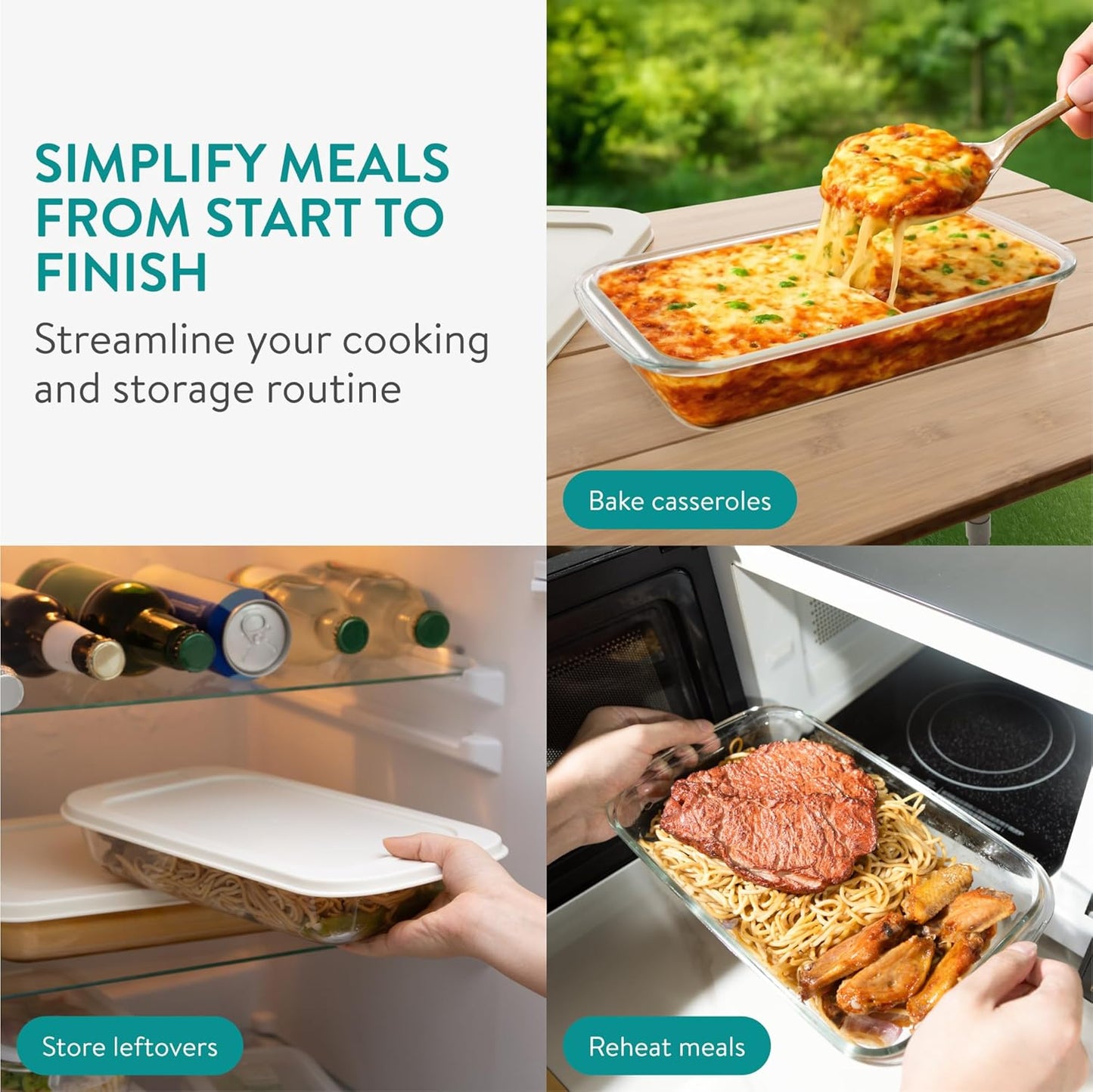 Navaris 4-Piece Glass Baking Dish Set - Versatile Casserole Dishes with Lids | 1.7qt & 2.3qt Sizes
