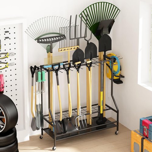 GILLAS Garden Tool Organizer - Sturdy Metal Storage Rack with Hooks for Long-Handled Tools | Black