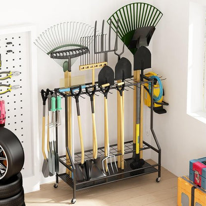 GILLAS Garden Tool Organizer - Sturdy Metal Storage Rack with Hooks for Long-Handled Tools | Black