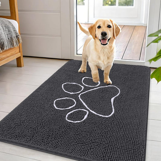 OLANLY Dog Door Mat for Muddy Paws 44x32, Paw Print Design, Absorbs Moisture and Dirt, Absorbent Non-Slip Washable Doormat, Quick Dry Chenille Mud Mat for Dogs, Entry Indoor Entryway Carpet, Dark Grey