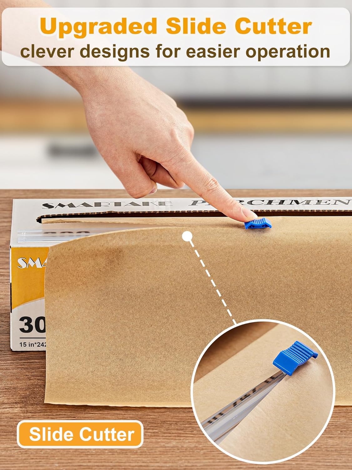 SMARTAKE Parchment Paper Roll - Non-Stick Baking Sheets with Slide Cutter | 15" x 242 ft, Heavy Duty Unbleached