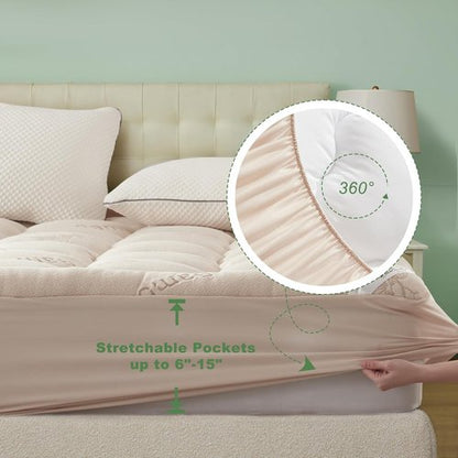 BEDLORE Twin Mattress Topper - Soft Bamboo Viscose Pillow Top for Back Pain Relief | Fits 6"-15" Mattresses - Beige